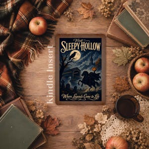 May include: A rectangular sign featuring a dark illustration of the Headless Horseman riding a horse, a covered bridge, a full moon, and a raven. The text reads Visit Sleepy Hollow Where Legends Come to Life. The sign is placed on a wooden surface.