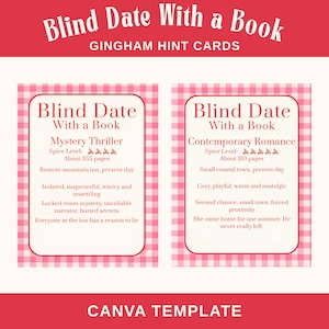 May include: Two rectangular Blind Date With a Book hint cards featuring a pink and white gingham border. The cards include text for Mystery Thriller and Contemporary Romance genres, listing spice levels, page counts, and plot descriptions.