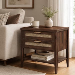 May include: A dark brown wooden nightstand with two drawers featuring woven cane panels and gold-toned handles. The nightstand has a lower shelf with books and a bowl. A vase with greenery and a mug sit on top.