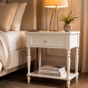 May include: A white bedside table with a single drawer and a lower shelf. The table has turned legs and a silver knob on the drawer. A gold lamp, a small vase with greenery, and books are on top of the table.