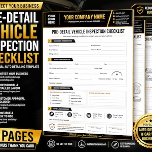 Checklista för fordonsbesiktning före detaljbesiktning för bilspecialister, mobila bilspecialister, bilhandlare och verkstäder | Canva redigerbar PDF
