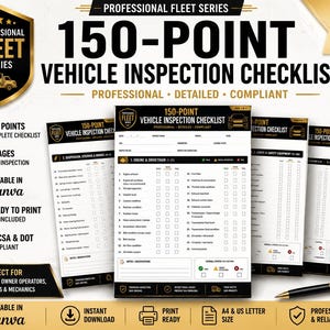 Könnte beinhalten: Ein 150-Punkte-Fahrzeuginspektions-Checklisten-Dokumentenset mit schwarzem und goldenem Branding. Die Seiten enthalten detaillierte Abschnitte für Motor, Antriebsstrang, Federung und Sicherheitsausrüstung mit Kontrollkästchen für Status und Notizen.