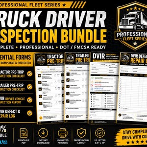 May include: A Professional Fleet Series truck driver inspection bundle featuring four essential forms: a tractor pre-trip checklist, a trailer pre-trip checklist, a driver vehicle inspection report, and a defect and repair log, all on 8.5 x 11 inch paper.