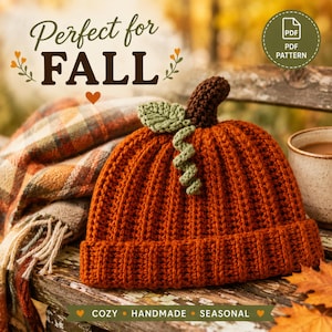 Op de afbeelding: Een gehaakte oranje pompoenmuts met een bruine steel en groene blad- en rankdetails. De tekst op de afbeelding luidt: Perfect for FALL, PDF PATTERN en COZY HANDMADE SEASONAL. De muts heeft een geribbelde textuur en een omgeslagen boord.