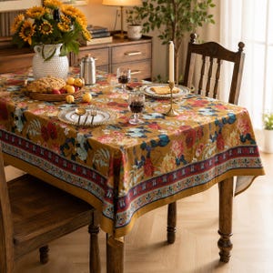 May include: A rectangular tablecloth featuring a mustard yellow base with a vibrant floral pattern of red, pink, and blue flowers. The edges are finished with a decorative border in shades of red, blue, and white, draping over a wooden dining table.