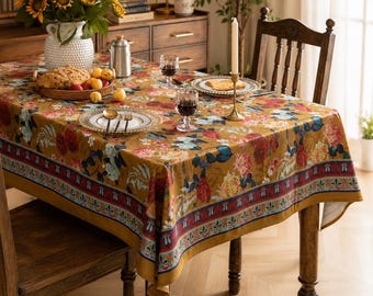 Bloemenbotanisch tafelkleed, kleurrijk cottagecore eettafellinnen, polyester woondecoratie