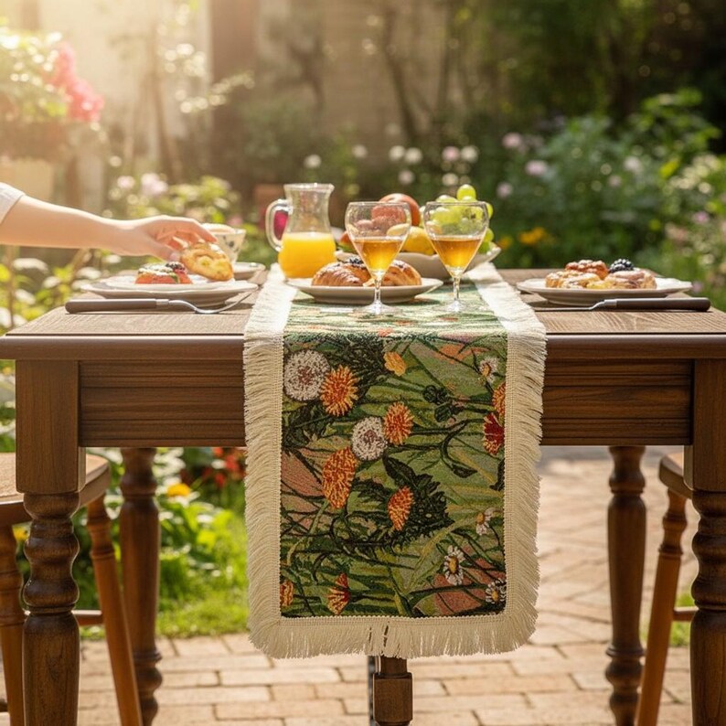 Handmade Boho Floral Table Runner, Fringed Botanical Cottagecore Dining ...