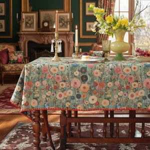 Teal Floral Botanical Tablecloth, Vintage Cottagecore Polyester Table Cover
