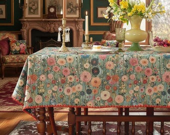 Mantel botánico floral color turquesa, funda de mesa de poliéster estilo cottagecore vintage.