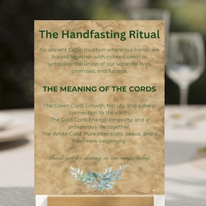 Könnte beinhalten: Ein rechteckiges Schild mit pergamentartigem Hintergrund und dunkelgrünem Text mit dem Titel The Handfasting Ritual. Es erklärt die Tradition und die Bedeutung der grünen, goldenen und weißen Kordeln sowie eine Aquarell-Eukalyptus-Illustration.