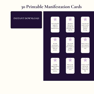 May include: A set of 30 printable manifestation cards featuring nine white rectangular cards with purple star icons and text affirmations. The text includes phrases like I am a powerful magnet for wealth and financial success and INSTANT DOWNLOAD.