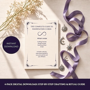 Op de afbeelding: Een digitale gids getiteld The Complete Guide to Handfasting Cords met een oneindigheidssymbool, tekst over knutselinstructies, maatformules en ritueelscripts, vergezeld van een paars lint en vijf zilveren hemelse bedels.