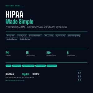 Op de afbeelding: Een donkerblauwe informatieve afbeelding met de titel HIPAA Made Simple: A Complete Guide to Healthcare Privacy and Security Compliance. Het bevat 24 hoofdstukken, 15 quizvragen, 50+ begrippenlijsten, 6 spiekbriefjes en NextGen Digital Health.