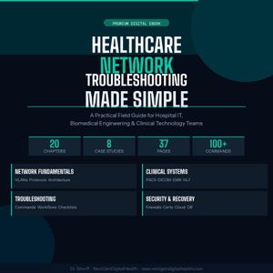 May include: A digital ebook cover titled Healthcare Network Troubleshooting Made Simple, a practical field guide for hospital IT. It lists 20 chapters, 8 case studies, 37 pages, and 100+ commands, covering network fundamentals, clinical systems, and security.