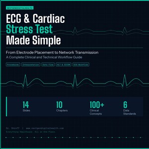Op de afbeelding: Een donkerblauwe educatieve infographic getiteld ECG & Cardiac Stress Test Made Simple. Het bevat een talingkleurige elektrocardiogramlijn, tekst over een klinische workflowgids en statistieken waaronder 14 dia's, 10 hoofdstukken, 100+ klinische concepten en 6 datastandaarden.