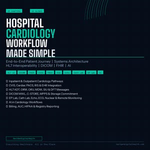 May include: A dark blue informational graphic titled Hospital Cardiology Workflow Made Simple. It lists 25 chapters and 22 slides covering patient journeys, systems architecture, HL7, DICOM, FHIR, and AI integration for cardiology workflows.