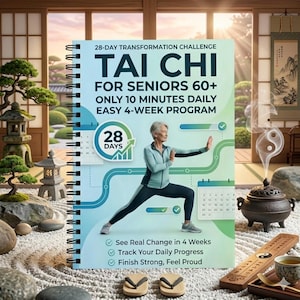 May include: A spiral-bound book titled 28-Day Transformation Challenge Tai Chi for Seniors 60+ Only 10 Minutes Daily Easy 4-Week Program. The cover features a person in a light blue jacket and dark leggings performing a Tai Chi pose.