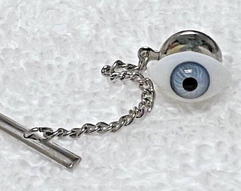 Vintage Glass Blue Eye Ball Eyeball Tie Tack Pin Silver Tone Metal 1/2 x 5/8"