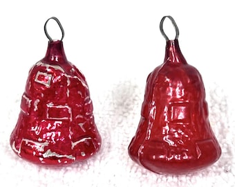 2 Antique Red Glass Bell Raised Spotted Design Christmas Tree Ornament 1 3/4" B