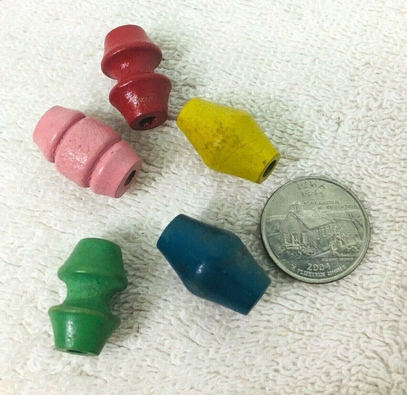 Lot of 5 Antique Toy Wood Beads Replacement Repair Colorful Shaped T7