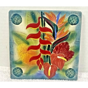 Signed Studio Art Pottery Bird of Paradise Flower Hawaii Wall Tile Trivet Plaque