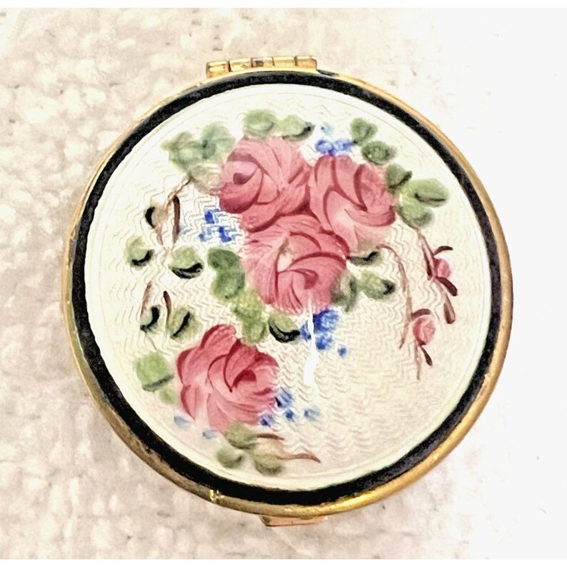 Stunning Guilloche Enamel Pink Roses Blue Flowers Small Powder Box 1 1/ ...