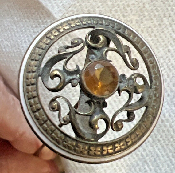 Antique Open Scroll Yellow Stone Enamel Hatpin 10… - image 1
