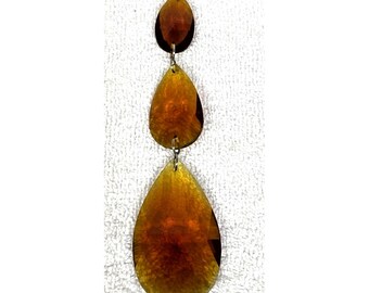 Vintage 3 Tiered Teardrop Amber Glass Faceted Chandelier Prisms 6 3/4" Long