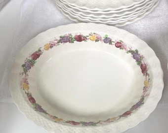Vintage Copeland Spode Rose Briar Basket Weave Oval Serving Bowl 11"
