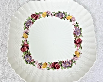 Vintage Copeland Spode Rose Briar Basket Weave Rim Square Luncheon Plate 8 3/4"