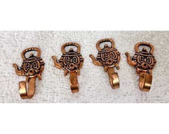 4 Miniature Copper Colored Metal Teapot Towel Hot Pad Key Hooks 1 1/2" Long