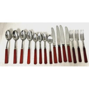 14 Vintage Art Deco Mid Century Red Bakelite Flatware Knives Spoons Forks
