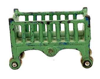 Vintage Miniature Dollhouse Kilgore Toy Green Cast Iron Baby Carriage Crib