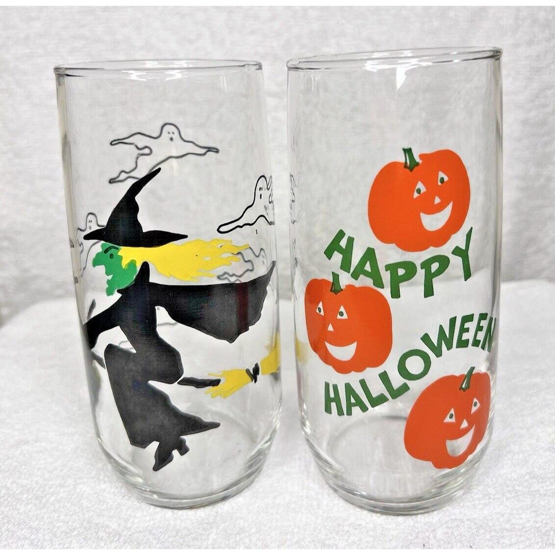 Pair Vintage Halloween Drink Glasses Witch on Broom Jack O Lanterns ...