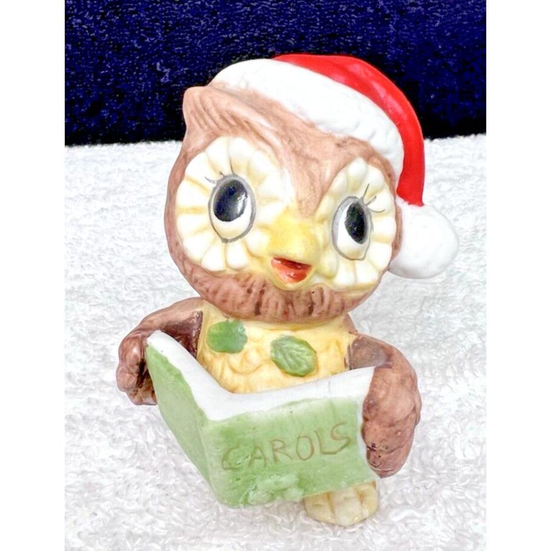 ヴィンテージ クリスマス フクロウ サンタ帽子 歌うキャロル 磁器の
