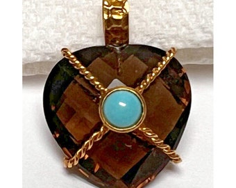 18Kt Gold Wrapped Smokey Quartz w Turquoise Pendant 1" Drop Faceted Stunning