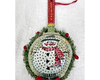 Hand Tole Painted Christmas Snowman Metal Handled Strainer Wall Hanging 1998
