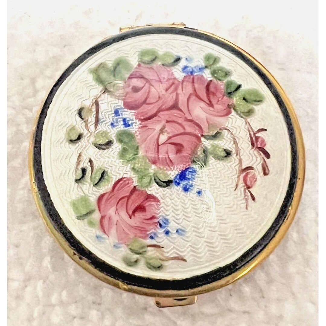 Stunning Guilloche Enamel Pink Roses Blue Flowers Small Powder Box 1 1/ ...