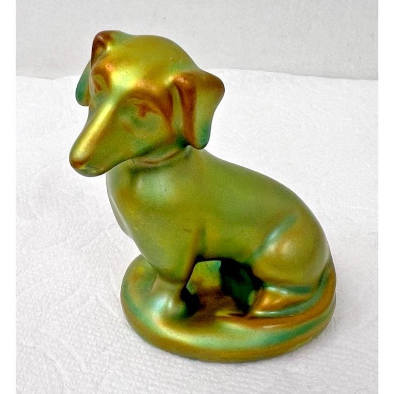 Zsolnay Green Eosin Pottery Dachshund Sitting Dog Figurine Hungary