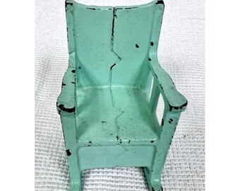 Vintage Miniature Dollhouse Painted Green Cast Iron Mission Rocking Chair