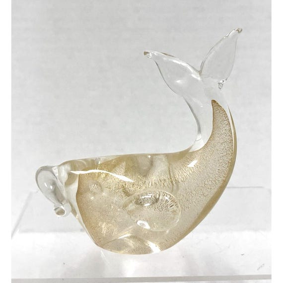 Vintage Murano Italian Clear Art Glass Gold Specks Inside Whale
