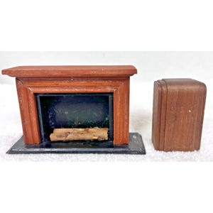Vintage Miniature Dollhouse Furniture Wood Fireplace Logs Upright Console Radio