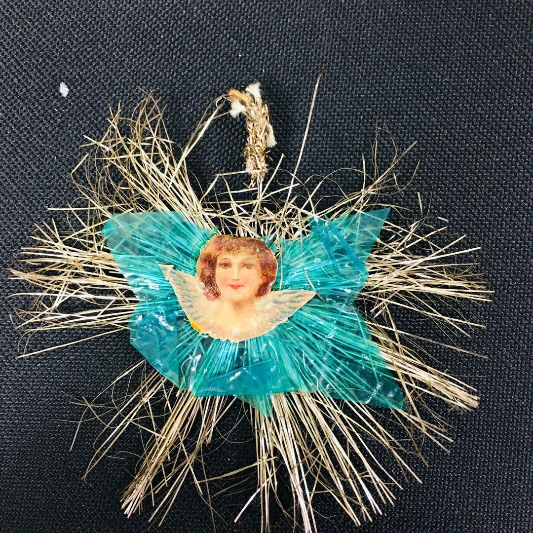 Antique Christmas Ornament Metal Tinsel Paper Angel W Blue Etsy