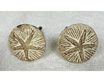 Pair Weathered White Brown Embossed Sand Dollar Starfish Drawer Cabinet Knobs