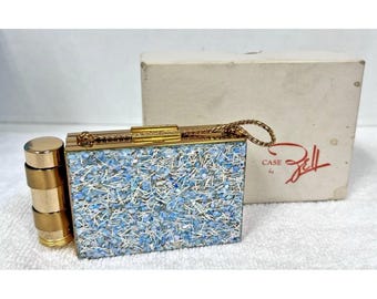 NOS Vintage Geldbörse w Lippenstift Blau Silber Lila Glitzer Top 2 seitige Box