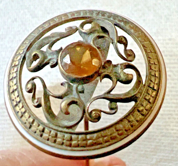 Antique Open Scroll Yellow Stone Enamel Hatpin 10… - image 7