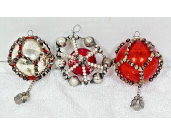 3 Vintage Mercury Glass Beaded Christmas Ornaments Dangles Plus