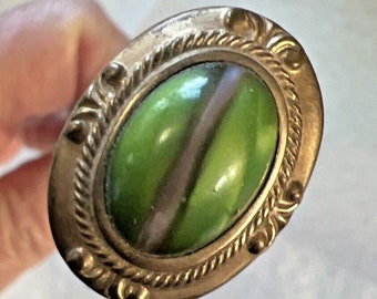 Antique Green Grey Set in Brass Frame Hatpin 8" Long Victorian Cottage Core