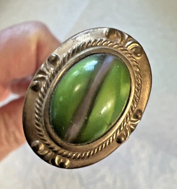 Antique Green Grey Set in Brass Frame Hatpin 8" Lo