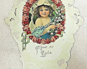 Antique Huge Sweet Valentine Card Germany Lovely Girl and Snowbells 12 x 16